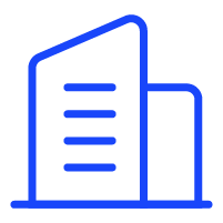 a blue line icon of a building with a blue line